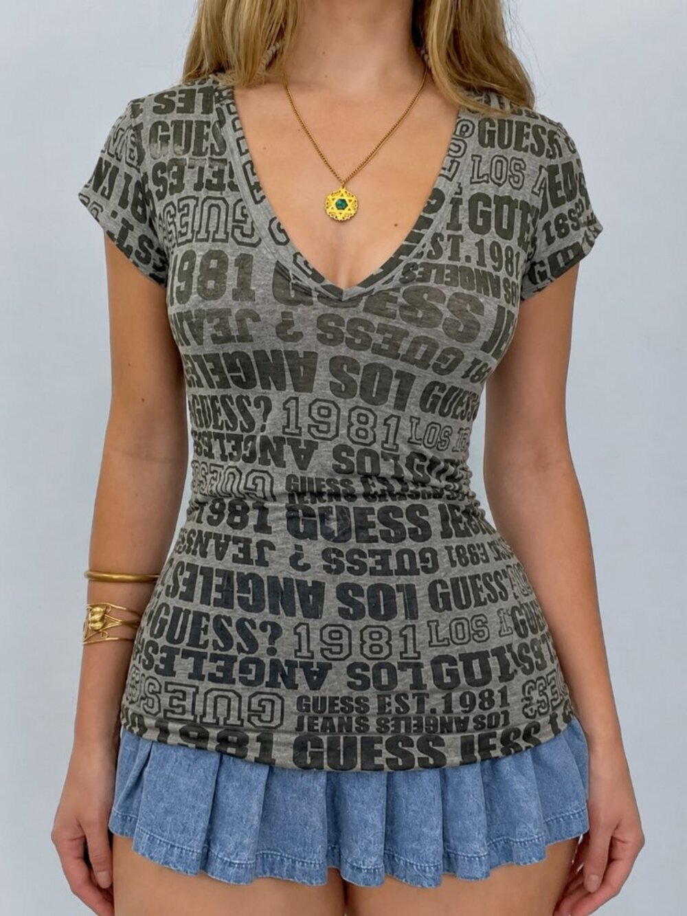 Y2K Guess Fitted Short Sleeve Shirt Long Size XS Logo